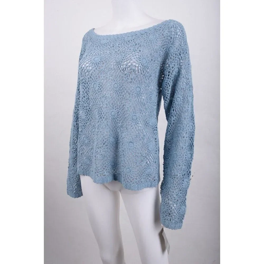Vintage ESPRIT Womens Sweater L Blue Crochet Pullover Boat neck 90s NWT